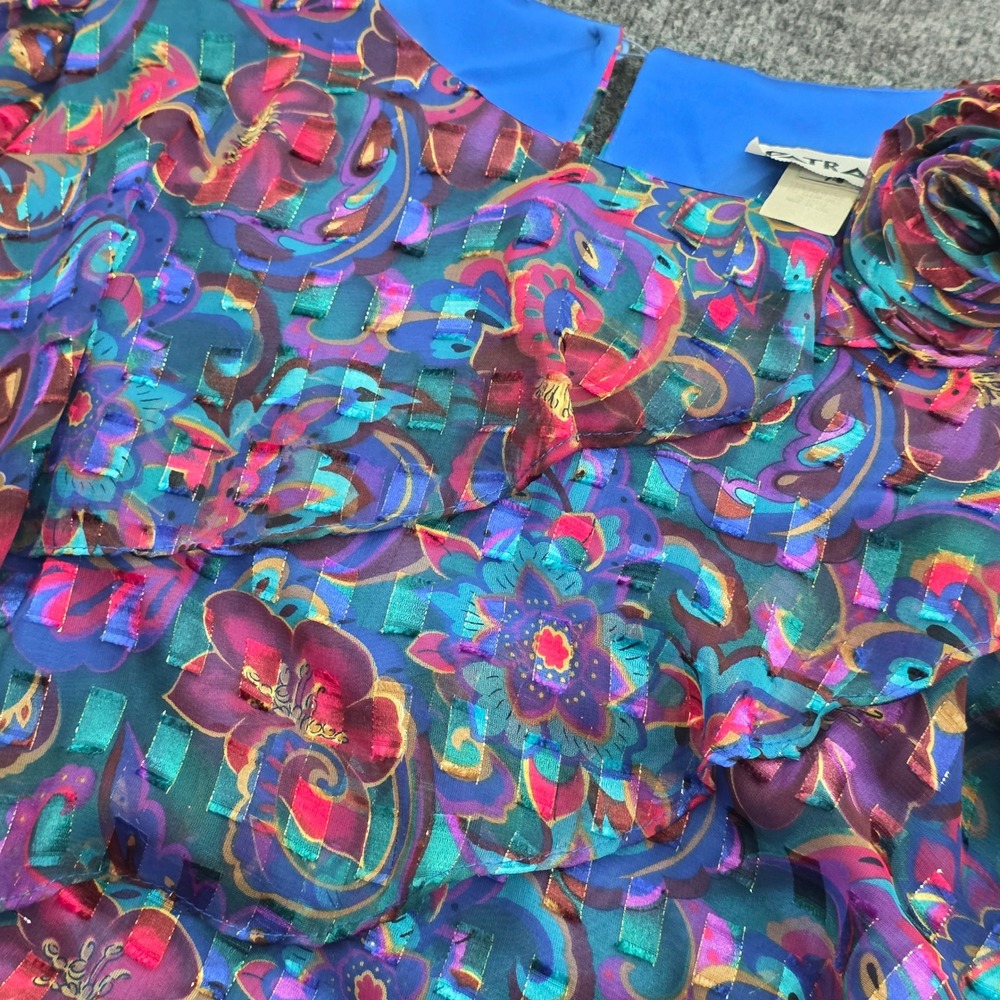 Patra‎ Vintage 90s Tiered Ruffle Dress Floral Paisley Metallic Rosette 7/8 Blue